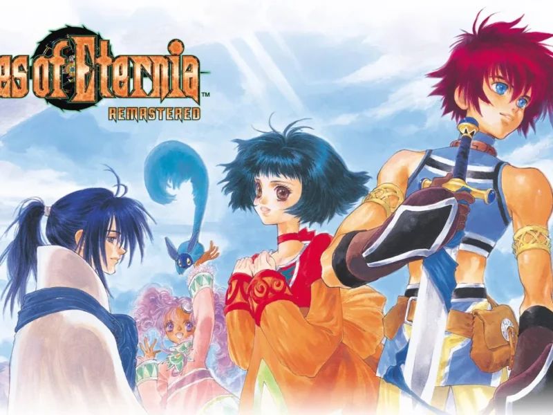 Personagens Reid Hershel, Farah Oersted e Meredy na arte promocional de Tales of Eternia Remastered.