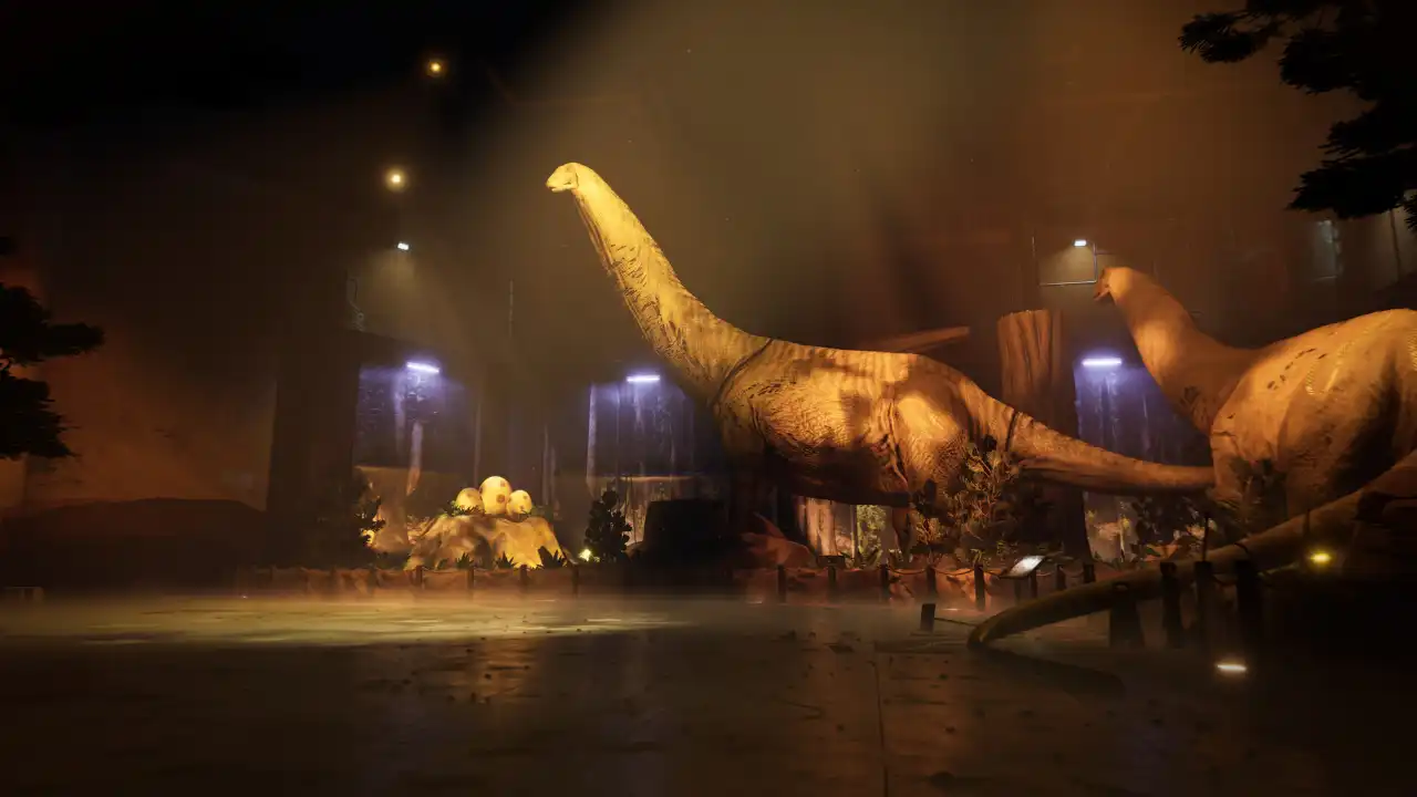 Cena de Terrible Lizards mostra dois dinossauros de pescoço longo em um parque escuro, com iluminação noturna, vegetação e ovos de dinossauro.
