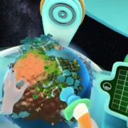 Jogador manipula um pequeno planeta com florestas, rios e áreas desérticas em cena de realidade virtual de Terry's Terraforming.