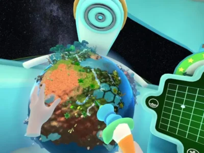 Jogador manipula um pequeno planeta com florestas, rios e áreas desérticas em cena de realidade virtual de Terry's Terraforming.
