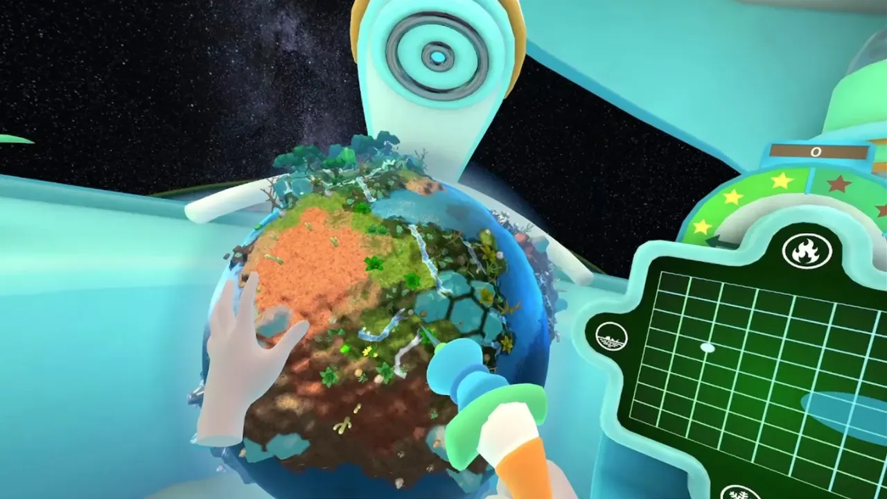 Jogador manipula um pequeno planeta com florestas, rios e áreas desérticas em cena de realidade virtual de Terry's Terraforming.