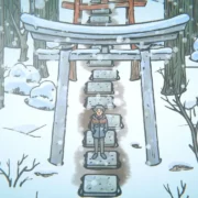 Cenário desenhado à mão do jogo The Doll Shop, aventura de terror psicológico ambientada em uma aldeia japonesa.