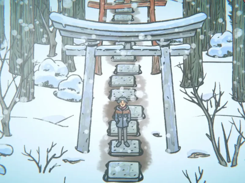 Cenário desenhado à mão do jogo The Doll Shop, aventura de terror psicológico ambientada em uma aldeia japonesa.