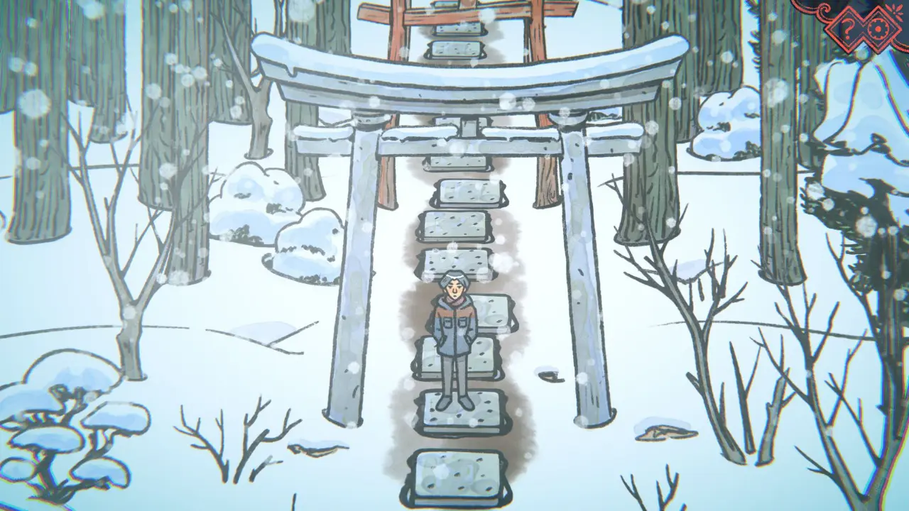 Cenário desenhado à mão do jogo The Doll Shop, aventura de terror psicológico ambientada em uma aldeia japonesa.