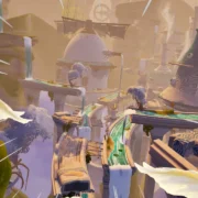 Cenário de fantasia de The Rifted Skies, jogo de realidade virtual com parkour e combates com espada.