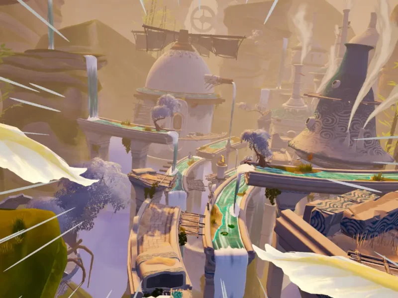 Cenário de fantasia de The Rifted Skies, jogo de realidade virtual com parkour e combates com espada.