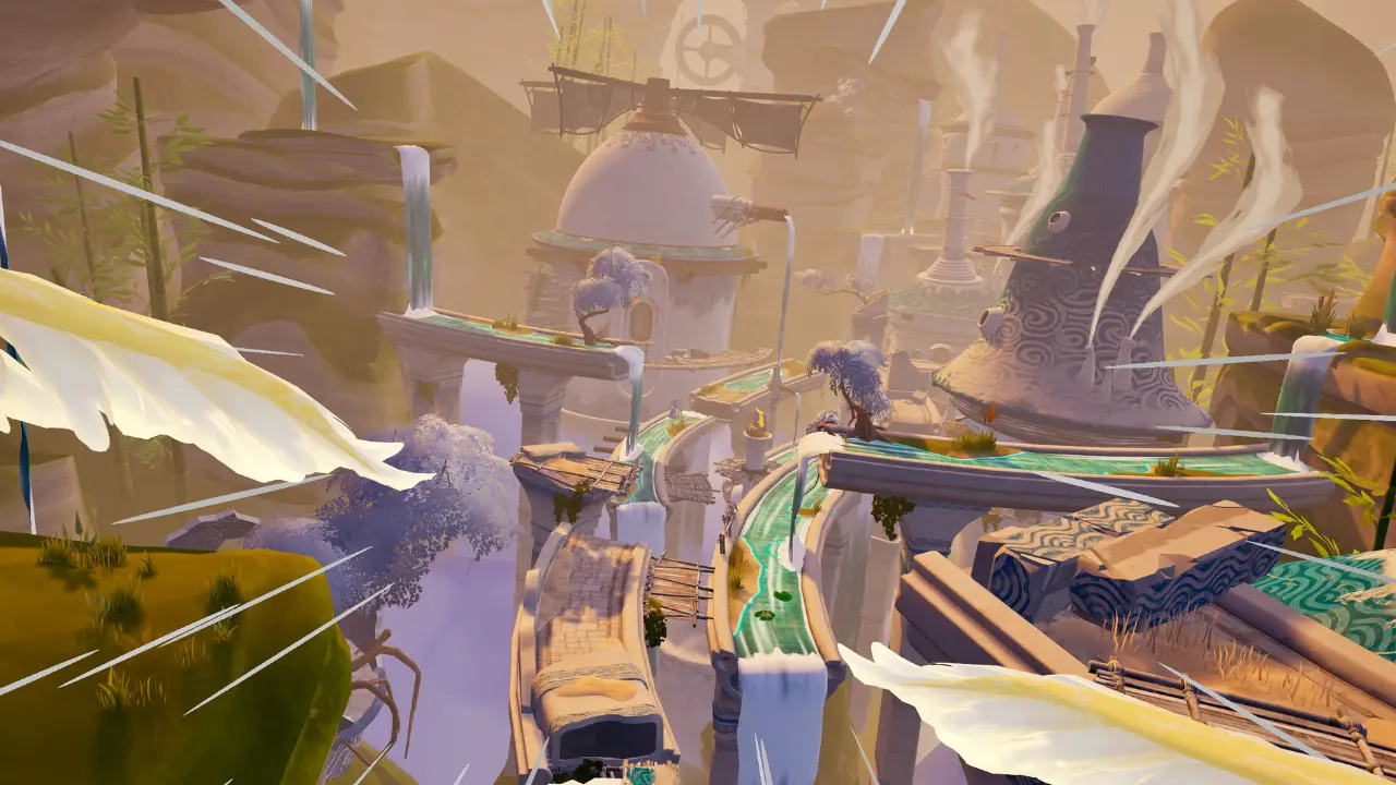 Cenário de fantasia de The Rifted Skies, jogo de realidade virtual com parkour e combates com espada. Cenário de fantasia de The Rifted Skies, jogo de realidade virtual com parkour e combates com espada.