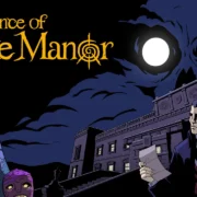 Arte de The Séance of Blake Manor mostra investigador segurando documentos diante de uma mansão, sob lua cheia e figuras sobrenaturais.