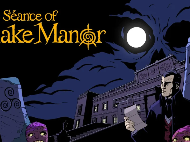 Arte de The Séance of Blake Manor mostra investigador segurando documentos diante de uma mansão, sob lua cheia e figuras sobrenaturais.