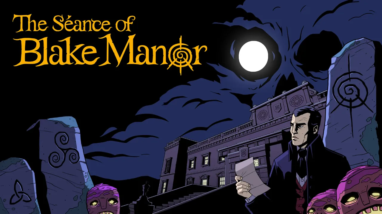 Arte de The Séance of Blake Manor mostra investigador segurando documentos diante de uma mansão, sob lua cheia e figuras sobrenaturais.