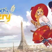 Lunne, protagonista de The Witch's Bakery, em sua padaria mágica em Paris, cercada por pães e croissants.