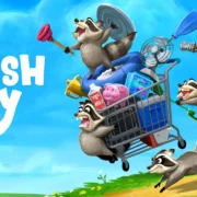 Guaxinins empurram carrinho de lixo em Trash Day, jogo cooperativo para até seis participantes.