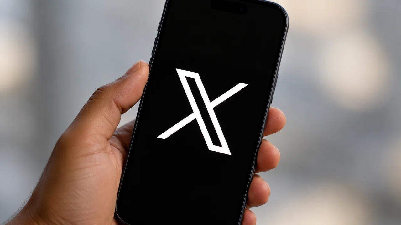 Mão segurando um smartphone com o logotipo branco da rede social X sobre a tela preta, em primeiro plano e com fundo neutro desfocado. Mão segurando um smartphone com o logotipo branco da rede social X sobre a tela preta, em primeiro plano e com fundo neutro desfocado.