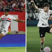 Jogador do São Paulo disputa a bola em partida de futebol, à esquerda, enquanto atleta do Corinthians enfrenta adversário em outra partida, à direita.