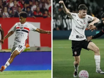 Jogador do São Paulo disputa a bola em partida de futebol, à esquerda, enquanto atleta do Corinthians enfrenta adversário em outra partida, à direita.