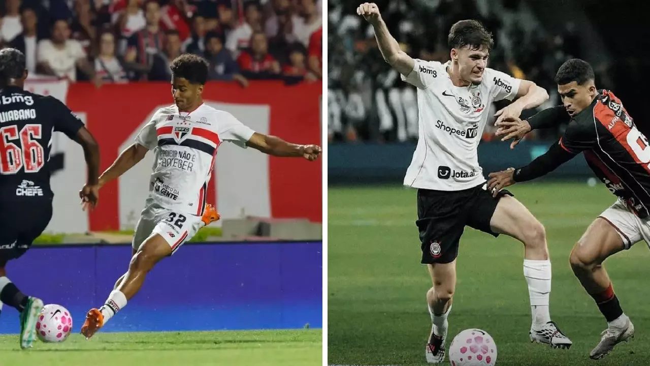 Jogador do São Paulo disputa a bola em partida de futebol, à esquerda, enquanto atleta do Corinthians enfrenta adversário em outra partida, à direita.
