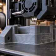 Impressora 3D FDM depositando filamento sobre uma peça cinza, com falhas de extrusão nas camadas causadas por possível excesso de fluxo volumétrico.