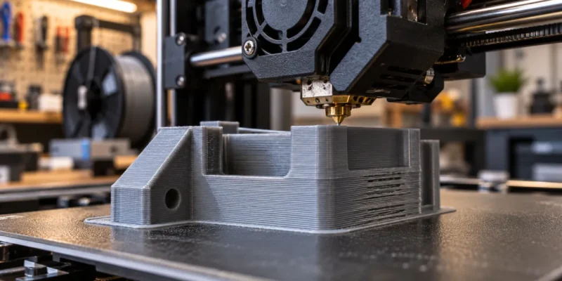 Impressora 3D FDM depositando filamento sobre uma peça cinza, com falhas de extrusão nas camadas causadas por possível excesso de fluxo volumétrico.