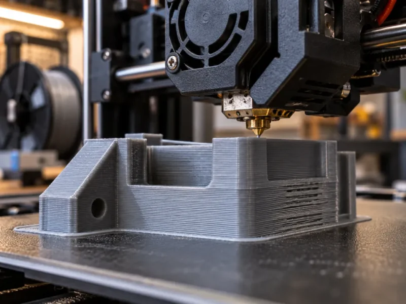 Impressora 3D FDM depositando filamento sobre uma peça cinza, com falhas de extrusão nas camadas causadas por possível excesso de fluxo volumétrico.