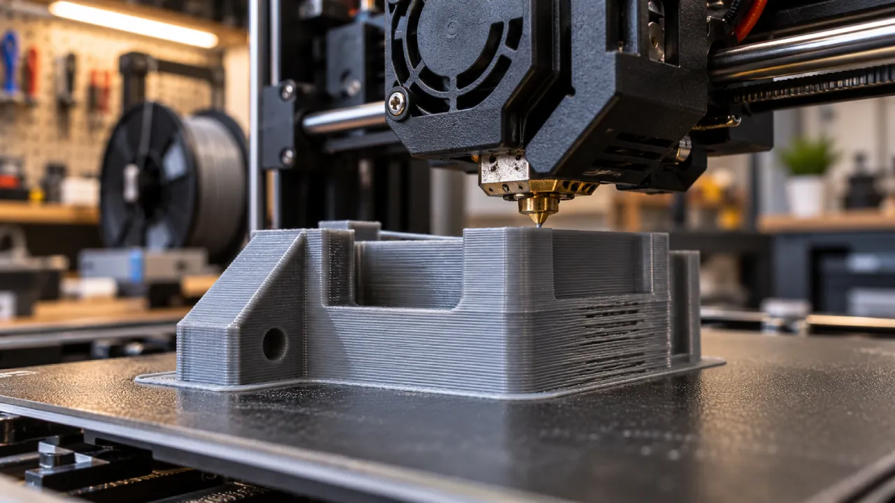 Impressora 3D FDM depositando filamento sobre uma peça cinza, com falhas de extrusão nas camadas causadas por possível excesso de fluxo volumétrico.