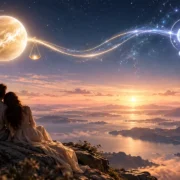 Casal observa paisagem ao amanhecer sob símbolos de Vênus em Libra e Nodo Norte em Aquário, representando relações, alianças e conexões