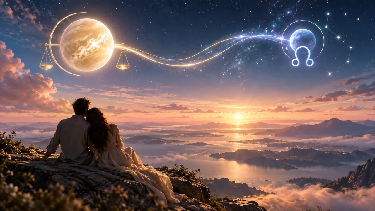 Casal observa paisagem ao amanhecer sob símbolos de Vênus em Libra e Nodo Norte em Aquário, representando relações, alianças e conexões Casal observa paisagem ao amanhecer sob símbolos de Vênus em Libra e Nodo Norte em Aquário, representando relações, alianças e conexões