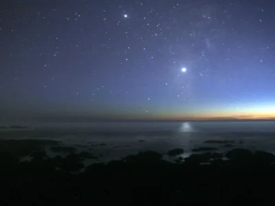 Vênus brilhando no céu ao entardecer sobre o Oceano Pacífico
