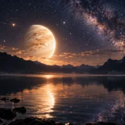 Planeta luminoso sobre lago e montanhas sob céu estrelado