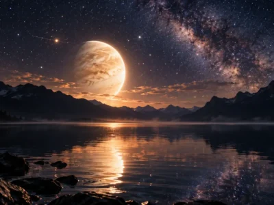 Planeta luminoso sobre lago e montanhas sob céu estrelado