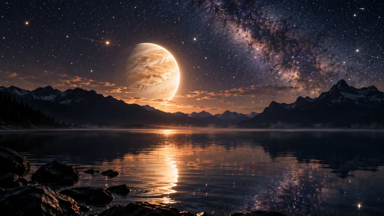 Planeta luminoso sobre lago e montanhas sob céu estrelado Planeta luminoso sobre lago e montanhas sob céu estrelado