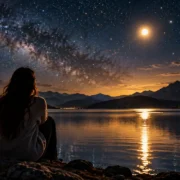 Mulher observa céu estrelado à beira de um lago durante a noite
