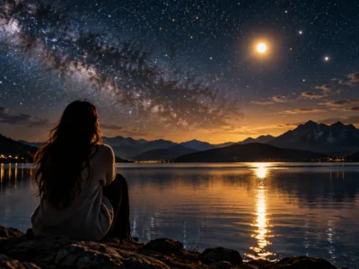 Mulher observa céu estrelado à beira de um lago durante a noite