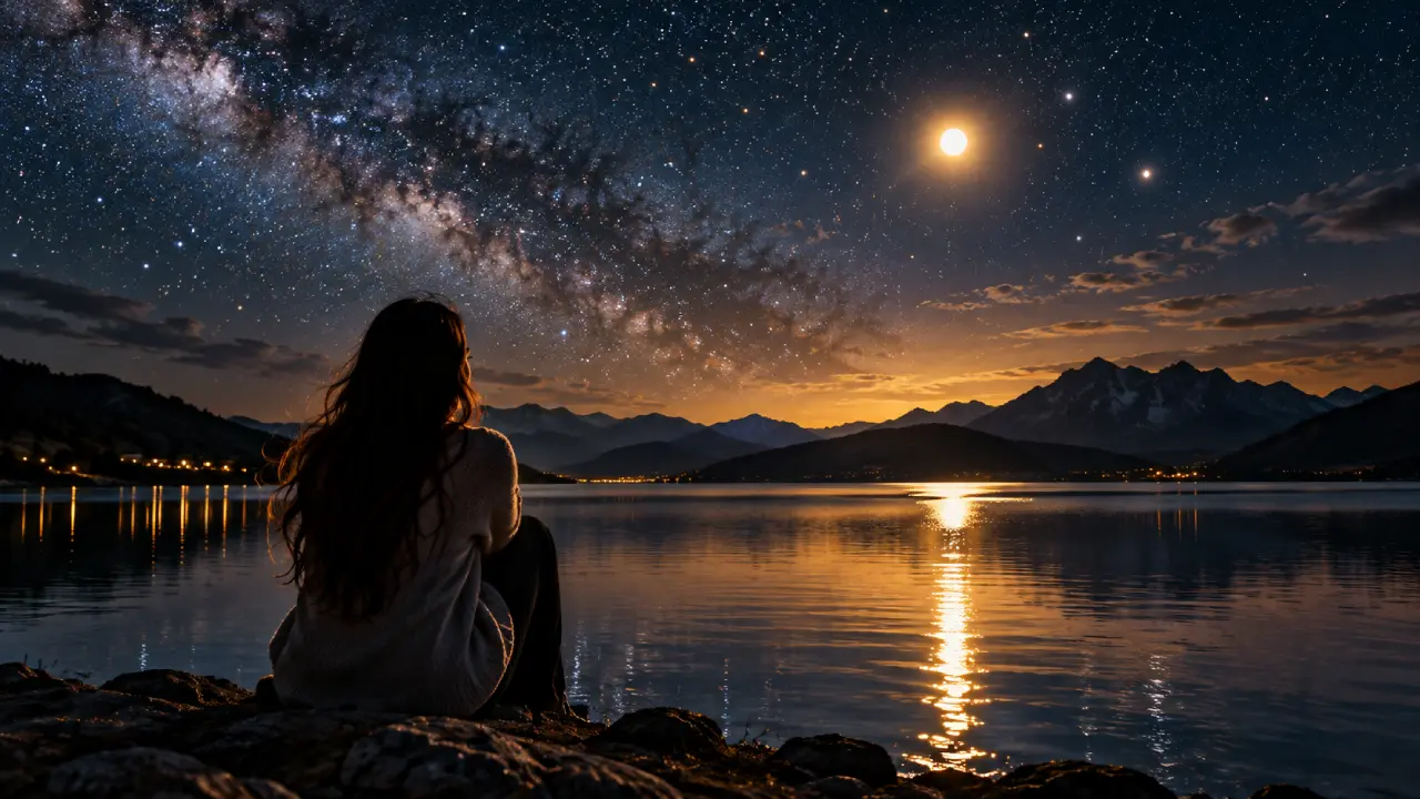 Mulher observa céu estrelado à beira de um lago durante a noite