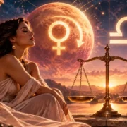 Mulher diante de balança e símbolos de Vênus e Libra representa revisão de relacionamentos, equilíbrio, reciprocidade e autoestima