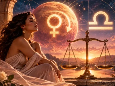 Mulher diante de balança e símbolos de Vênus e Libra representa revisão de relacionamentos, equilíbrio, reciprocidade e autoestima