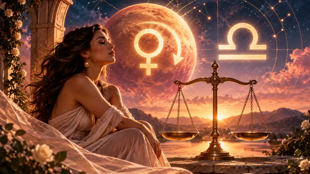 Mulher diante de balança e símbolos de Vênus e Libra representa revisão de relacionamentos, equilíbrio, reciprocidade e autoestima