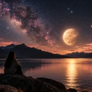Pessoa observa céu estrelado com planeta luminoso sobre lago e montanhas