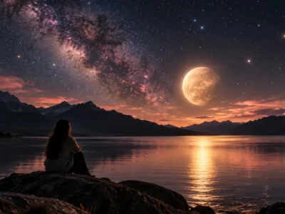 Pessoa observa céu estrelado com planeta luminoso sobre lago e montanhas
