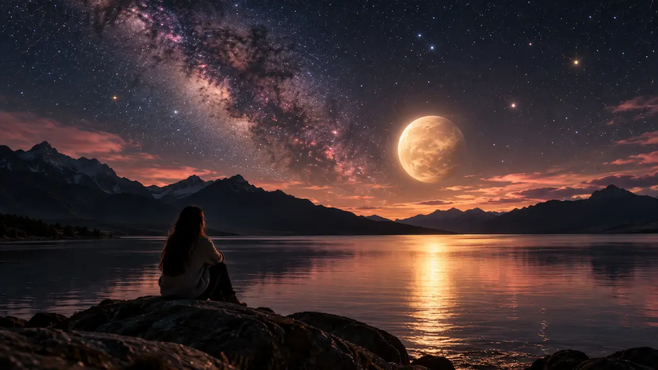 Pessoa observa céu estrelado com planeta luminoso sobre lago e montanhas Pessoa observa céu estrelado com planeta luminoso sobre lago e montanhas