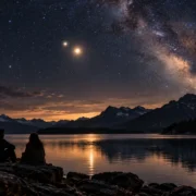 Duas pessoas conversam à beira de um lago sob céu estrelado