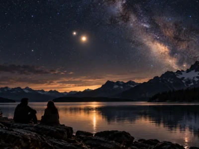 Duas pessoas conversam à beira de um lago sob céu estrelado