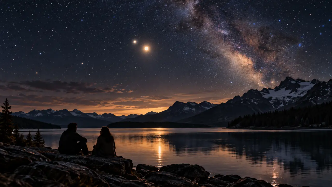 Duas pessoas conversam à beira de um lago sob céu estrelado