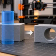 Comparação de uma peça tridimensional antes e depois da criação de um furo com volume negativo no PrusaSlicer.