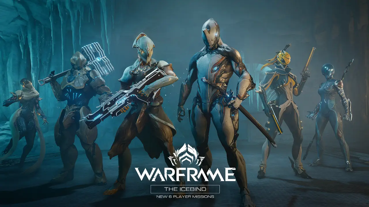Seis Warframes reunidos no modo Vínculo Glacial de Warframe