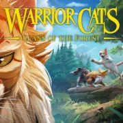 Arte de Warrior Cats: Clans of the Forest mostra um gato alaranjado em primeiro plano e três gatos guerreiros em confronto na floresta.