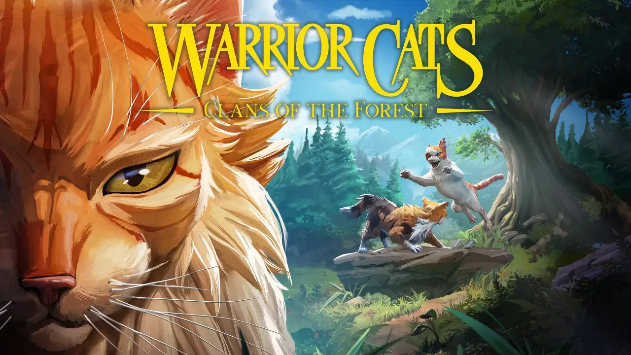 Arte de Warrior Cats: Clans of the Forest mostra um gato alaranjado em primeiro plano e três gatos guerreiros em confronto na floresta.
