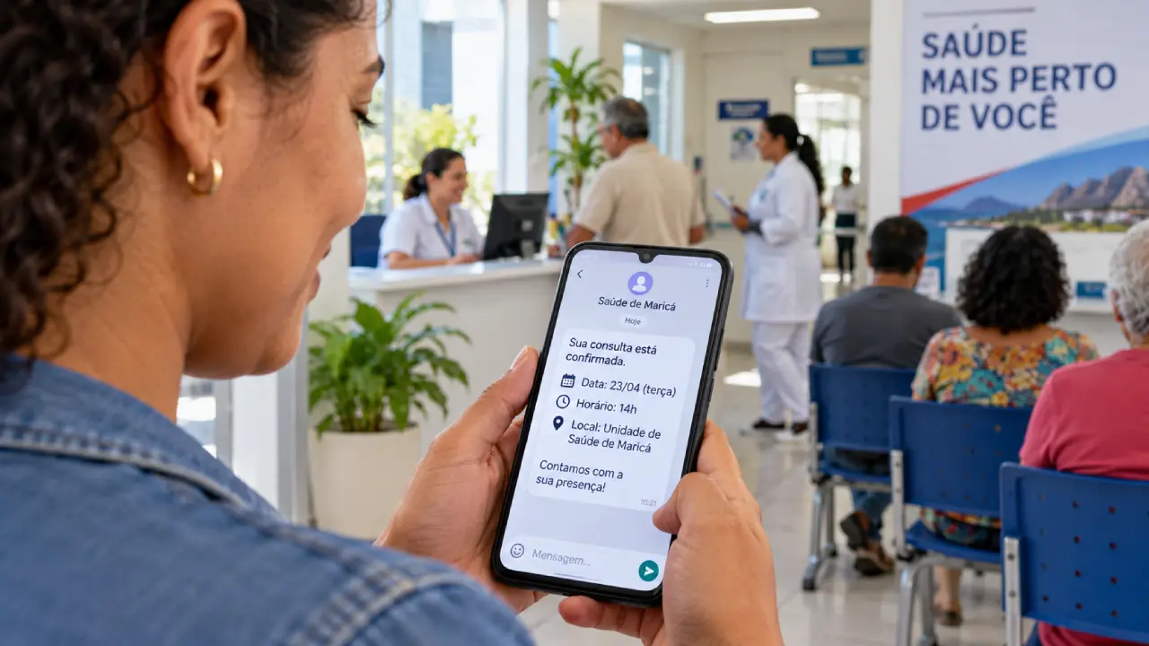Mulher consulta pelo celular uma mensagem de confirmação de consulta médica, em ambiente ilustrativo de uma unidade de saúde de Maricá.