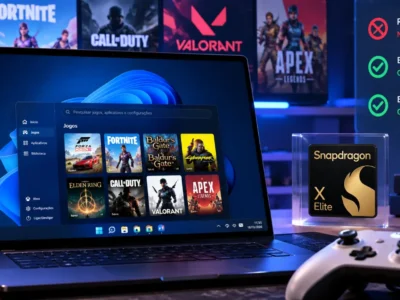 Notebook com Windows 11 em processador Arm, biblioteca de jogos de PC e painel ilustrativo de compatibilidade com sistemas antitrapaça, ao lado de um controle Xbox e chip Snapdragon X Elite.