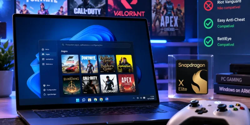 Notebook com Windows 11 em processador Arm, biblioteca de jogos de PC e painel ilustrativo de compatibilidade com sistemas antitrapaça, ao lado de um controle Xbox e chip Snapdragon X Elite.