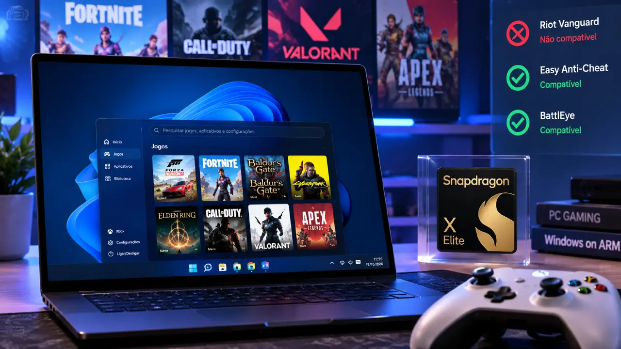 Notebook com Windows 11 em processador Arm, biblioteca de jogos de PC e painel ilustrativo de compatibilidade com sistemas antitrapaça, ao lado de um controle Xbox e chip Snapdragon X Elite. Notebook com Windows 11 em processador Arm, biblioteca de jogos de PC e painel ilustrativo de compatibilidade com sistemas antitrapaça, ao lado de um controle Xbox e chip Snapdragon X Elite.